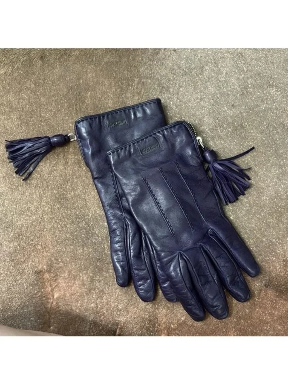 Moschino Tassel Leather Zipper Gloves